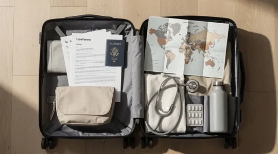 Vue aérienne d'une valise ouverte avec documents médicaux, passeport et carte du monde, symbolisant la préparation d'un voyage médical à l'étranger