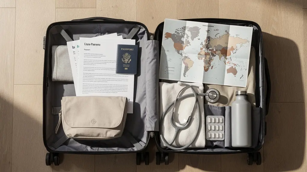 Vue aérienne d'une valise ouverte avec documents médicaux, passeport et carte du monde, symbolisant la préparation d'un voyage médical à l'étranger