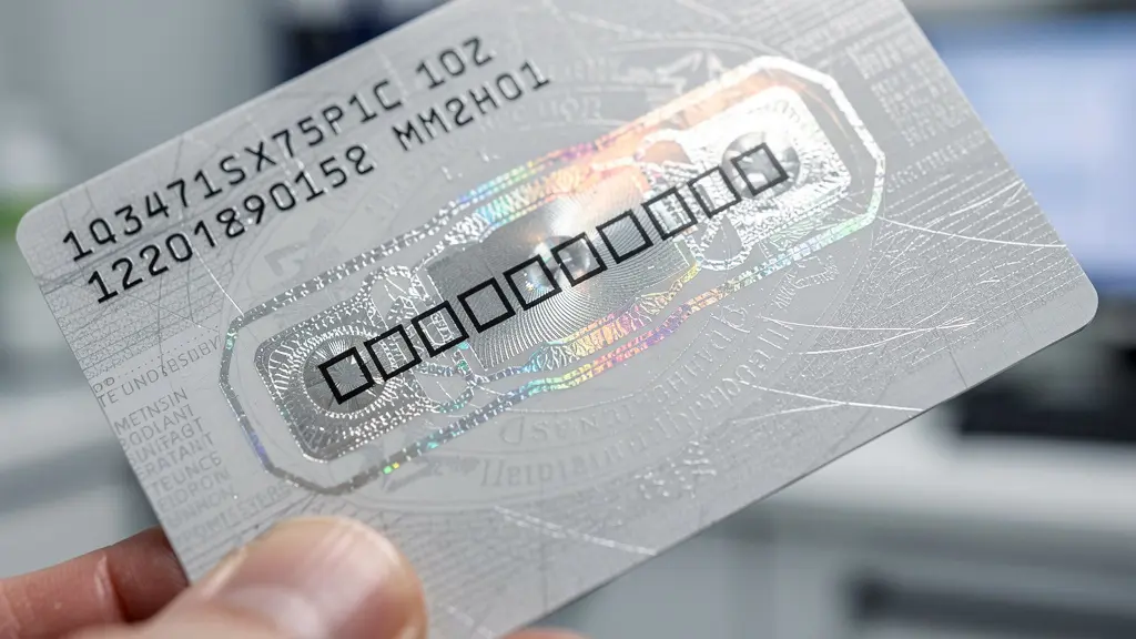 Main tenant une carte d'implant avec éléments holographiques et codes non lisibles