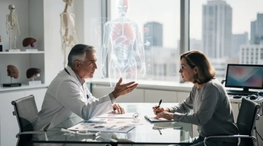 Consultation médicale dans une clinique moderne avec chirurgien et patient examinant des documents