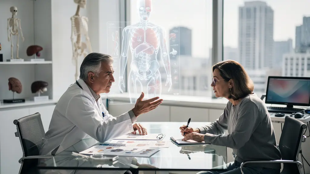 Consultation médicale dans une clinique moderne avec chirurgien et patient examinant des documents