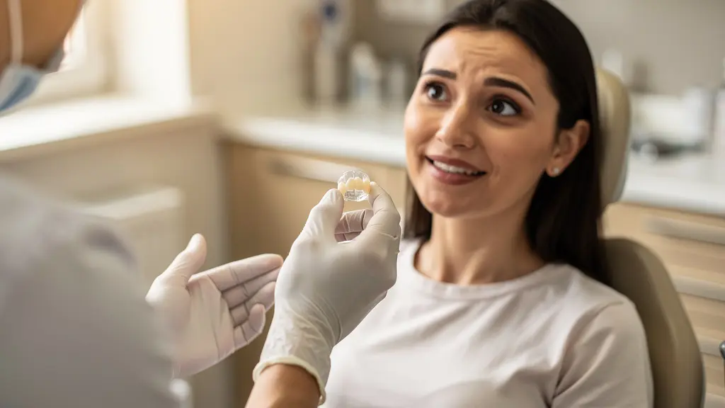 Patient en consultation dentaire examinant un échantillon de couronne en zirconium avec son dentiste