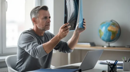 Patient consultant des documents médicaux et radiographies avec vue d'arrière-plan suggérant une recherche d'expertise médicale internationale