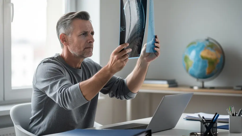 Patient consultant des documents médicaux et radiographies avec vue d'arrière-plan suggérant une recherche d'expertise médicale internationale