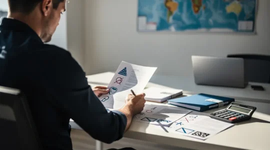 Patient analysant des documents médicaux et un devis dans un bureau lumineux