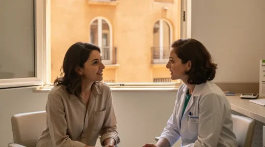 Patient en consultation médicale dans une clinique francophone à l'étranger avec personnel soignant bienveillant