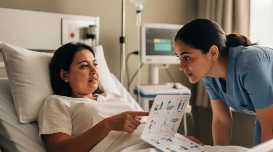 Patient dans un hôpital étranger échangeant avec un soignant à l'aide de pictogrammes et gestes