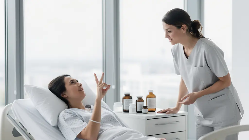 Patient reformulant les instructions médicales avec des gestes pendant qu'une infirmière confirme