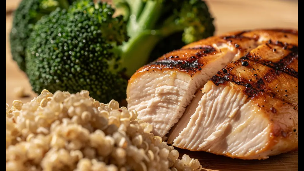 Plateau repas équilibré avec aliments riches en protéines sur table en bois