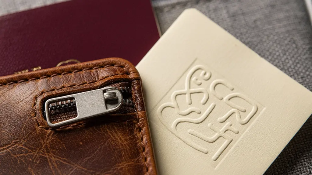 Gros plan sur une pochette de voyage contenant un passeport et des documents soigneusement rangés, posée sur un bagage cabine