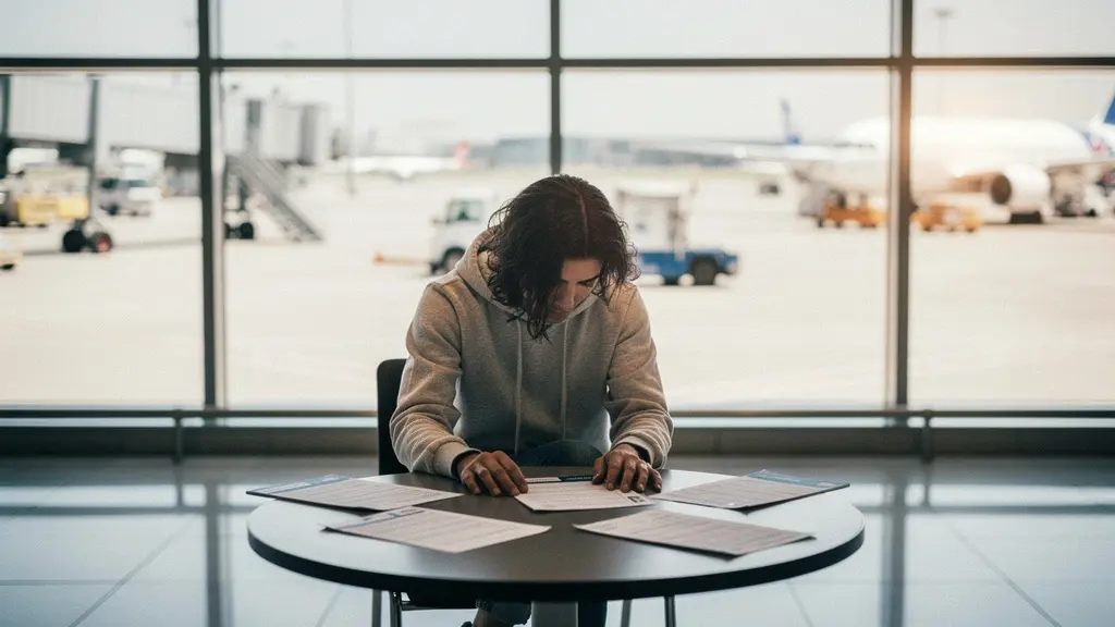 Personne consultant des documents de voyage dans un hall d'aéroport avec vue sur les avions