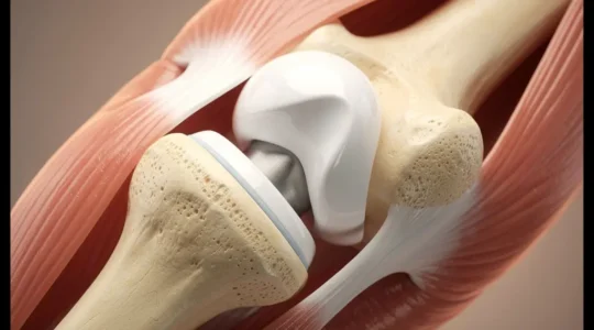 Vue en coupe d'une articulation de hanche avec prothèse moderne, montrant les composants céramiques et la récupération musculaire