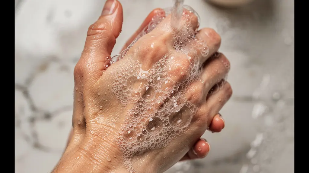 Mains sous l'eau avec savon dans un lavabo d'hôtel