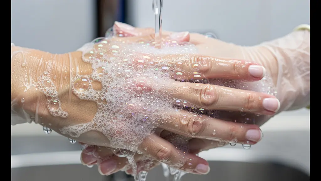 Mains sous jet d'eau avec mousse de savon antiseptique, geste médical précis