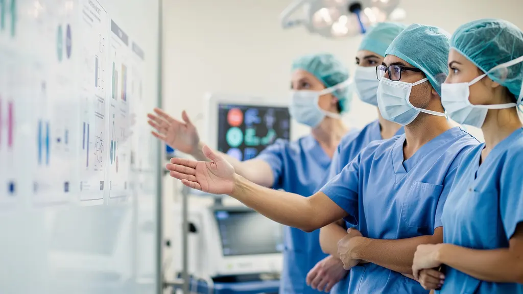 Équipe médicale en discussion active et concentrée autour d'une checklist de sécurité avant une opération.