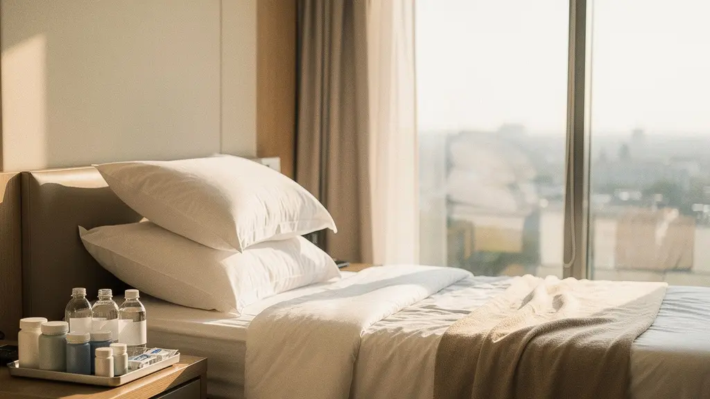 Personne en convalescence dans une chambre d'hôtel confortable avec une vue apaisante