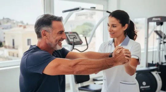 Patient en rééducation fonctionnelle moderne avec kinésithérapeute dans un centre spécialisé