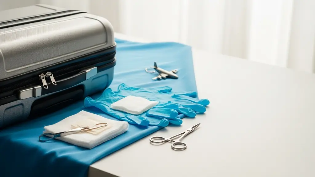 Une valise fermée et des accessoires médicaux non identifiables posés sur une surface stérile, évoquant le choix prudent de reporter une opération lors d’un voyage.