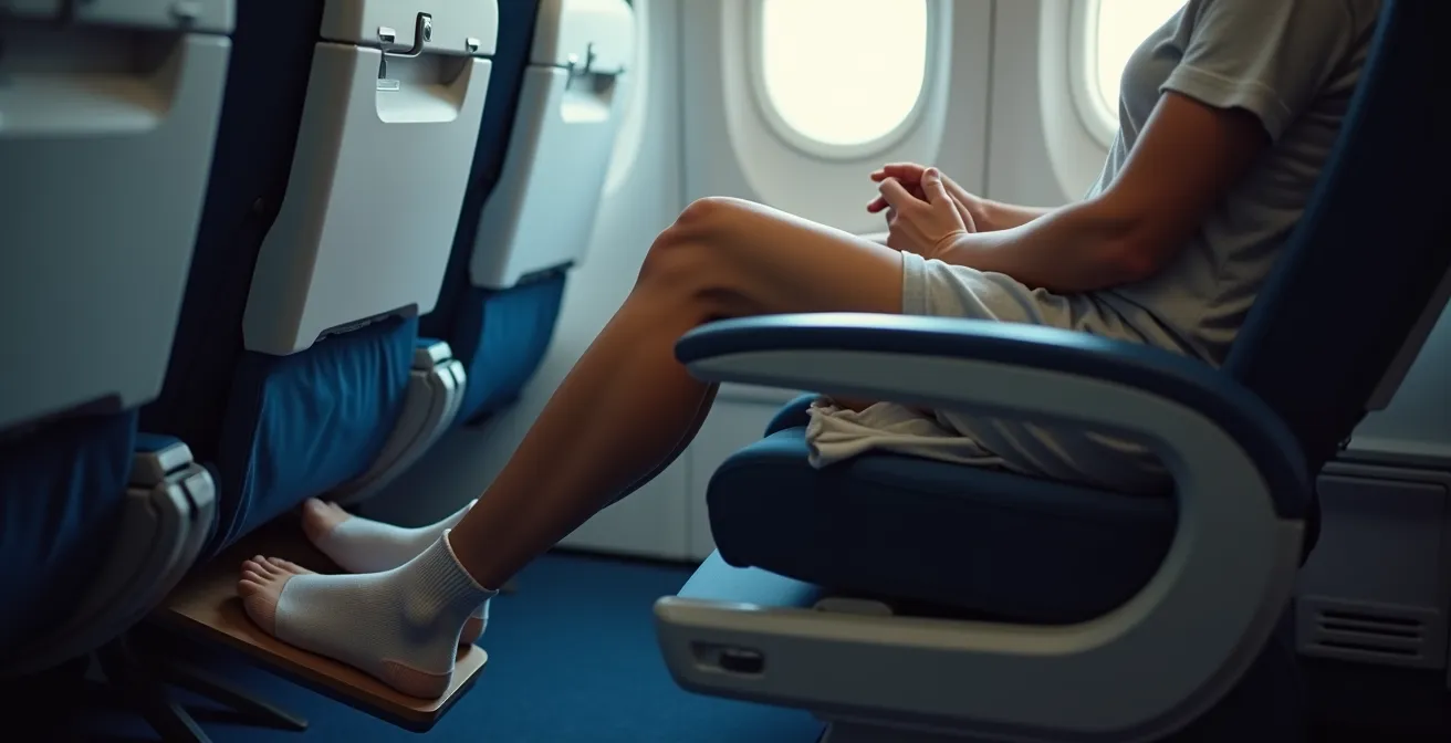 Passager avec jambe tendue en siège avion première rangée, vue latérale montrant l'espace supplémentaire nécessaire