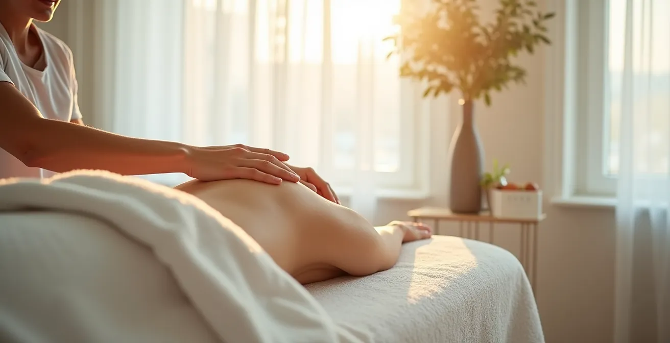 Patient recevant des soins de massage cicatriciel dans un environnement médical apaisant