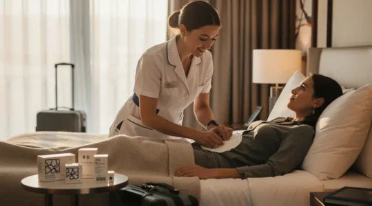 Infirmière prodiguant des soins à un patient dans une chambre d'hôtel à l'étranger