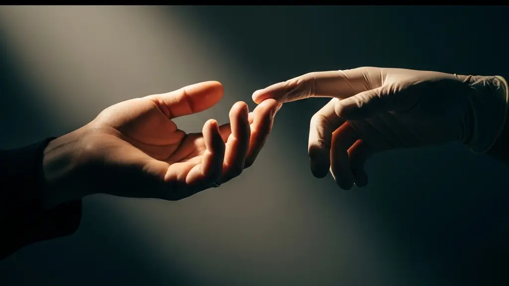 Main tendue dans un faisceau de lumière contrastant avec une ombre dense, symbolisant le dilemme entre l'aveu et le mensonge face à l'anesthésiste concernant la consommation de substances