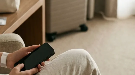 Patient en convalescence dans une chambre d’hotel, avec un pansement propre visible et un telephone tenu de dos, suggérant un suivi medical a distance sans afficher d’ecran.