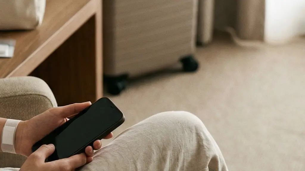 Patient en convalescence dans une chambre d’hotel, avec un pansement propre visible et un telephone tenu de dos, suggérant un suivi medical a distance sans afficher d’ecran.