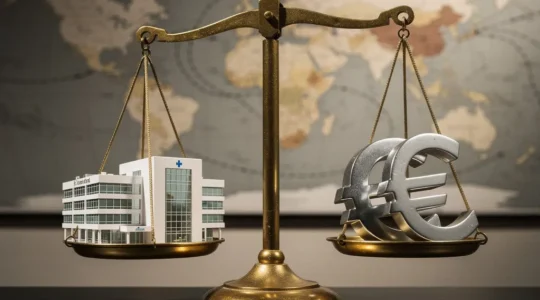 Représentation symbolique du tourisme médical avec comparaison visuelle entre destinations médicales, montrant une balance dorée équilibrant qualité et économie