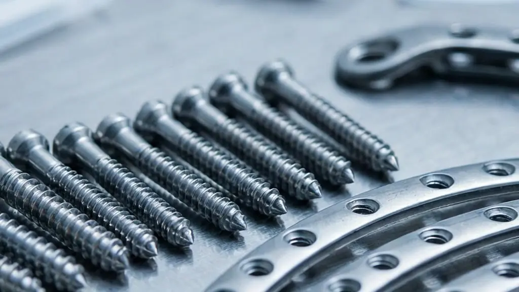 Vue macro détaillée d'implants chirurgicaux avec étiquettes de traçabilité