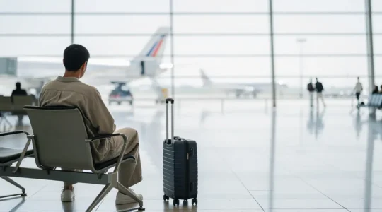 Voyageur avec valise dans un hall d'aéroport lumineux après une chirurgie