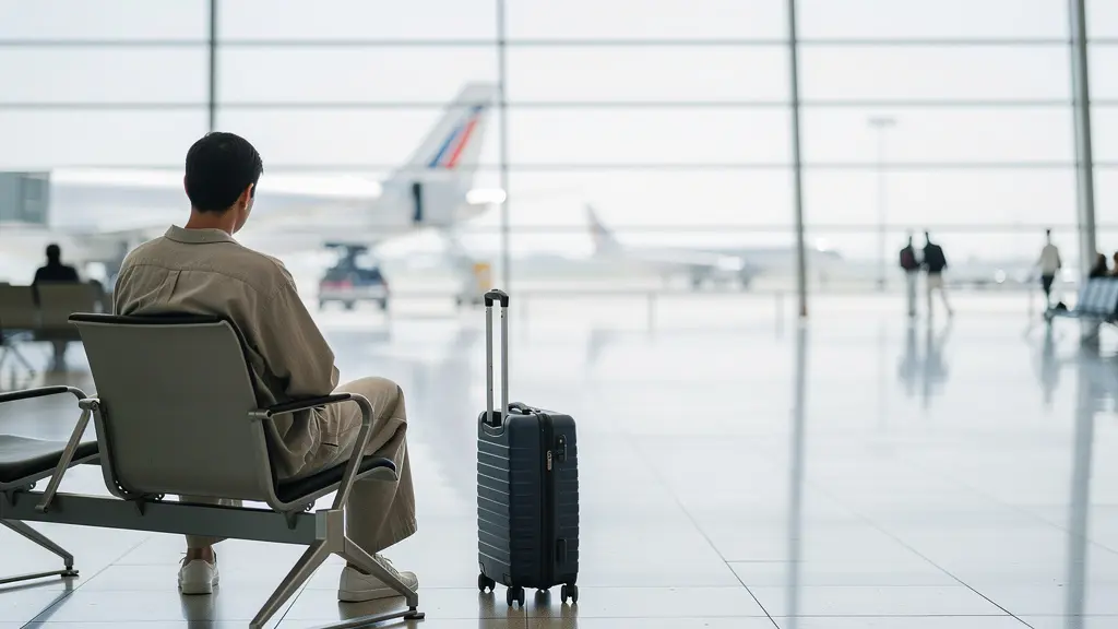 Voyageur avec valise dans un hall d'aéroport lumineux après une chirurgie