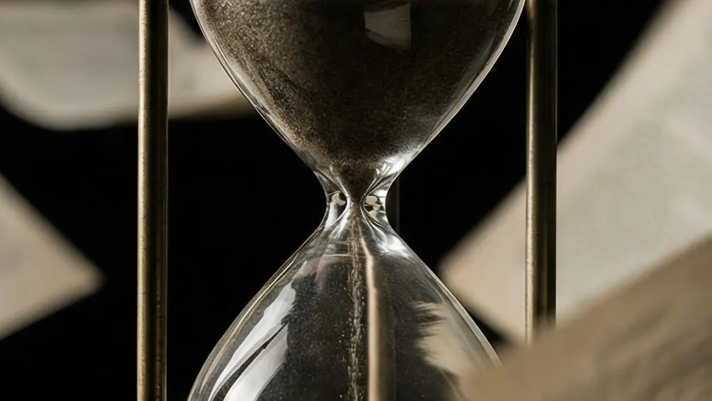 Sablier géant avec documents médicaux flous s'envolant dans le temps qui passe