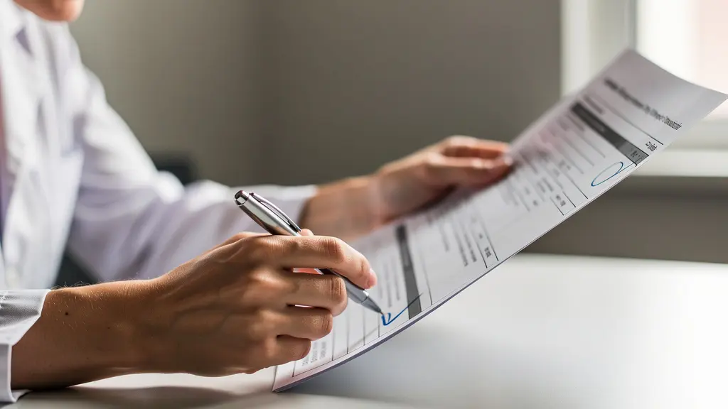 Professionnel de santé vérifiant des documents médicaux avec confirmation visuelle