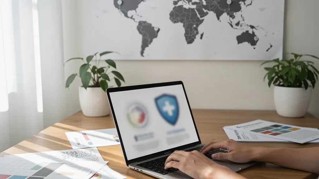 Bureau moderne avec ordinateur affichant des certifications médicales floues et documents officiels