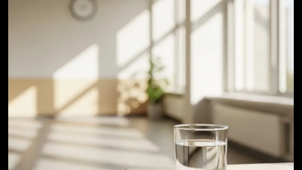 Verre d'eau limpide posé seul sur une surface claire dans un environnement minimaliste baigné de lumière naturelle, symbolisant la règle des liquides clairs préopératoires