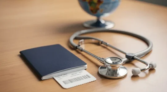 Passeport ouvert posé sur un bureau à côté d'un stéthoscope et d'un billet d'avion, symbolisant les démarches de visa médical pour des soins à l'étranger