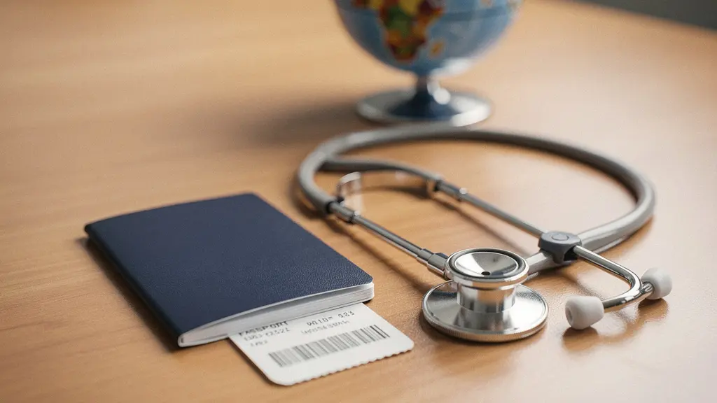 Passeport ouvert posé sur un bureau à côté d'un stéthoscope et d'un billet d'avion, symbolisant les démarches de visa médical pour des soins à l'étranger