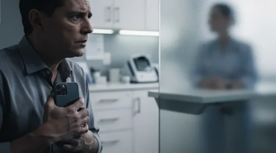 Professionnel de santé en consultation vidéo avec un patient, écrans flous et non lisibles, mise en scène suggérant la distance et les risques