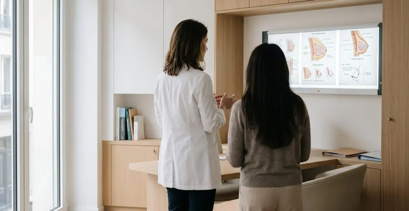 Consultation de chirurgie mammaire dans un cabinet parisien moderne, discussion entre chirurgienne et patiente sur anatomie mammaire avec supports visuels médicaux éclairés