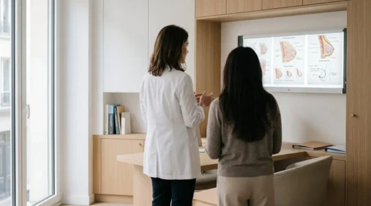Consultation de chirurgie mammaire dans un cabinet parisien moderne, discussion entre chirurgienne et patiente sur anatomie mammaire avec supports visuels médicaux éclairés