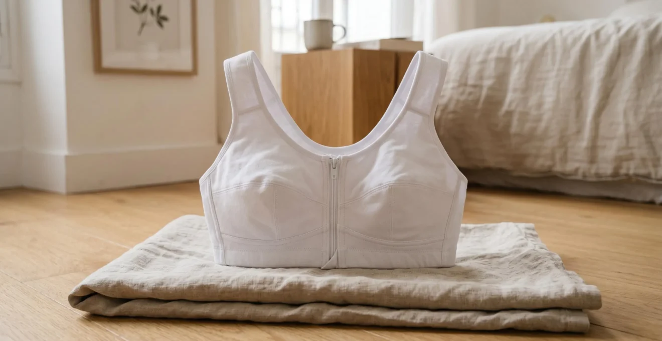 Soutien-gorge médical de contention post-opératoire pour récupération après chirurgie mammaire disposé dans environnement domestique apaisant aux tons clairs