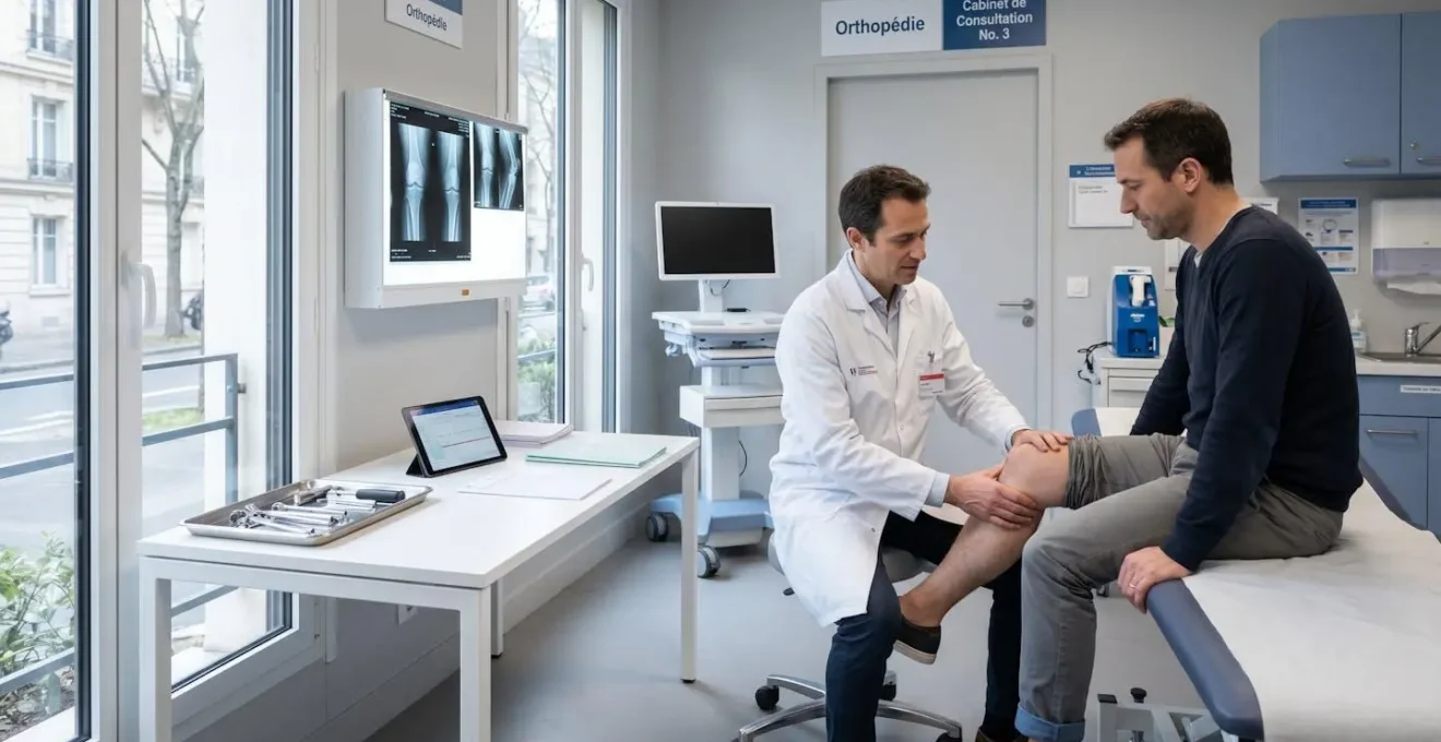 Consultation orthopédique dans un cabinet médical moderne avec chirurgien examinant un patient