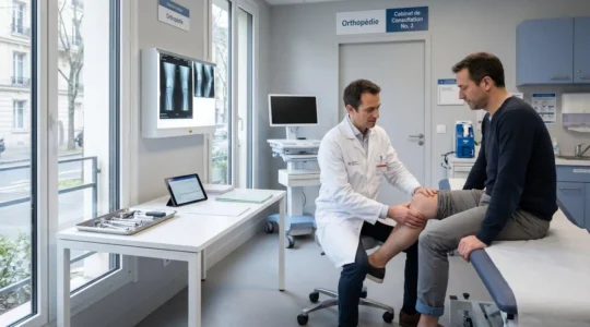 Consultation orthopédique dans un cabinet médical moderne avec chirurgien examinant un patient