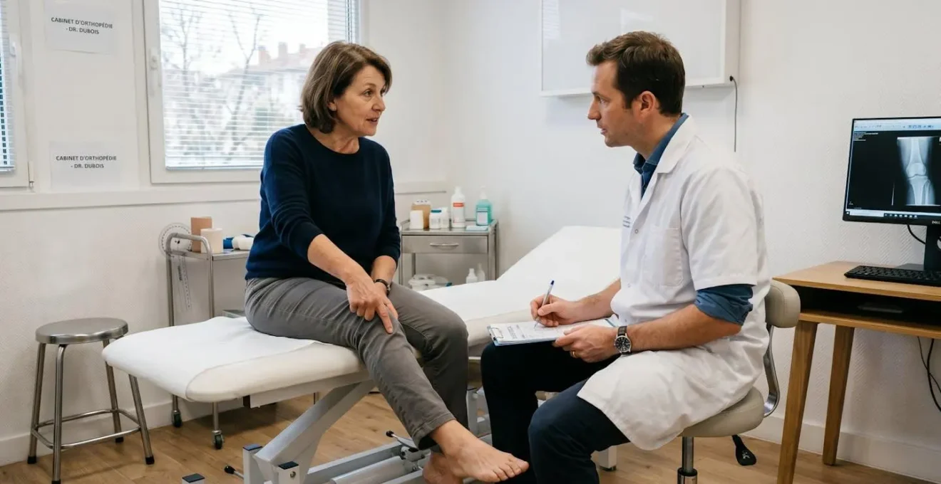Patient décrivant ses symptômes douloureux à un médecin orthopédiste lors d'une consultation