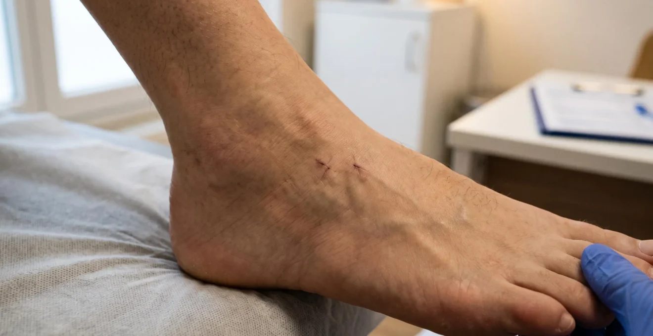 Gros plan sur un pied en phase de cicatrisation montrant de petites incisions millimétriques quasi-invisibles après chirurgie percutanée