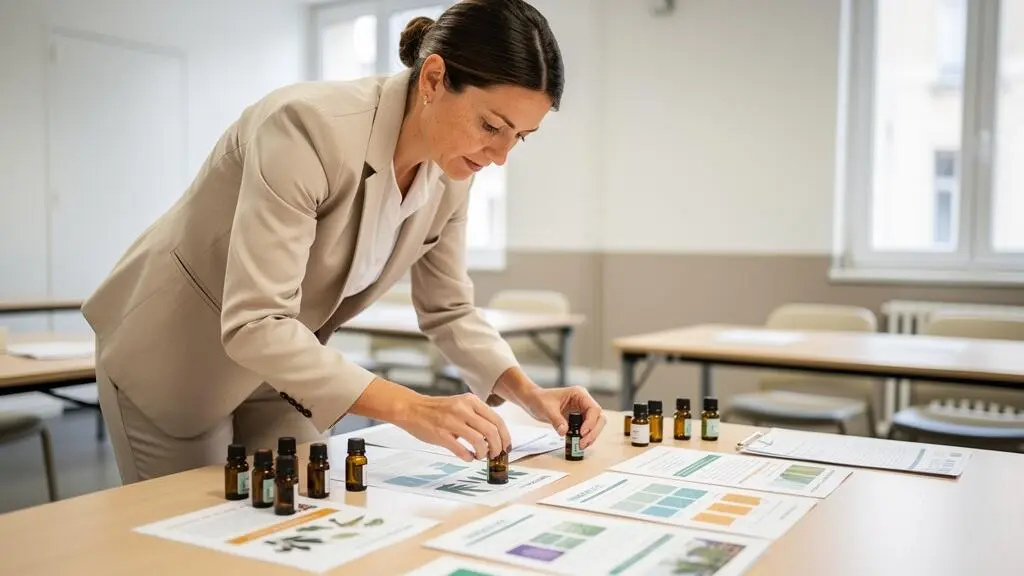 Pharmacienne debout participant à un atelier pratique de formation en aromathérapie avec échantillons d'huiles essentielles