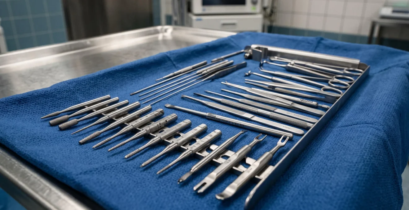 Instruments chirurgicaux spécialisés de petite taille pour chirurgie percutanée du pied disposés sur plateau stérile