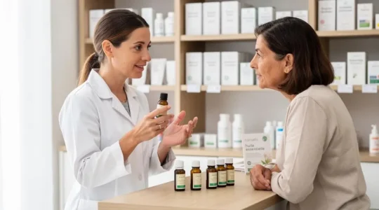 Pharmacienne en blouse blanche conseillant une patiente sur les huiles essentielles au comptoir d'une officine française