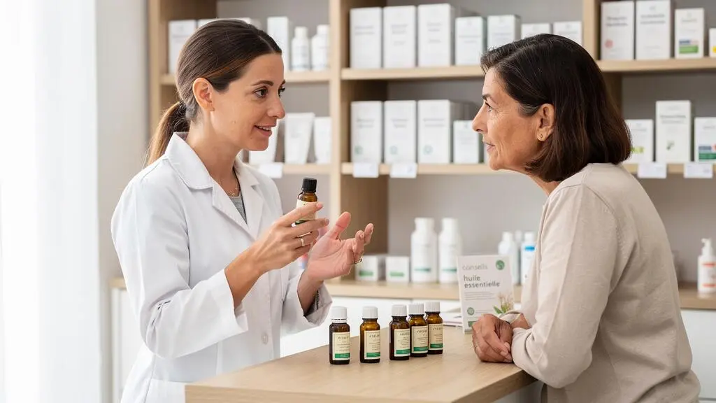 Pharmacienne en blouse blanche conseillant une patiente sur les huiles essentielles au comptoir d'une officine française